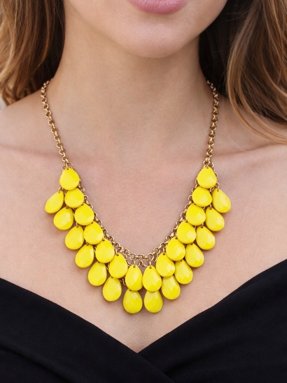 Yellow Teardrop Beaded Gold Tone Two Layer Necklace